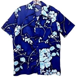 Vintage Arnold Christensen Hawaiian Shirt Mens M Blue Batik Print Camp Collar